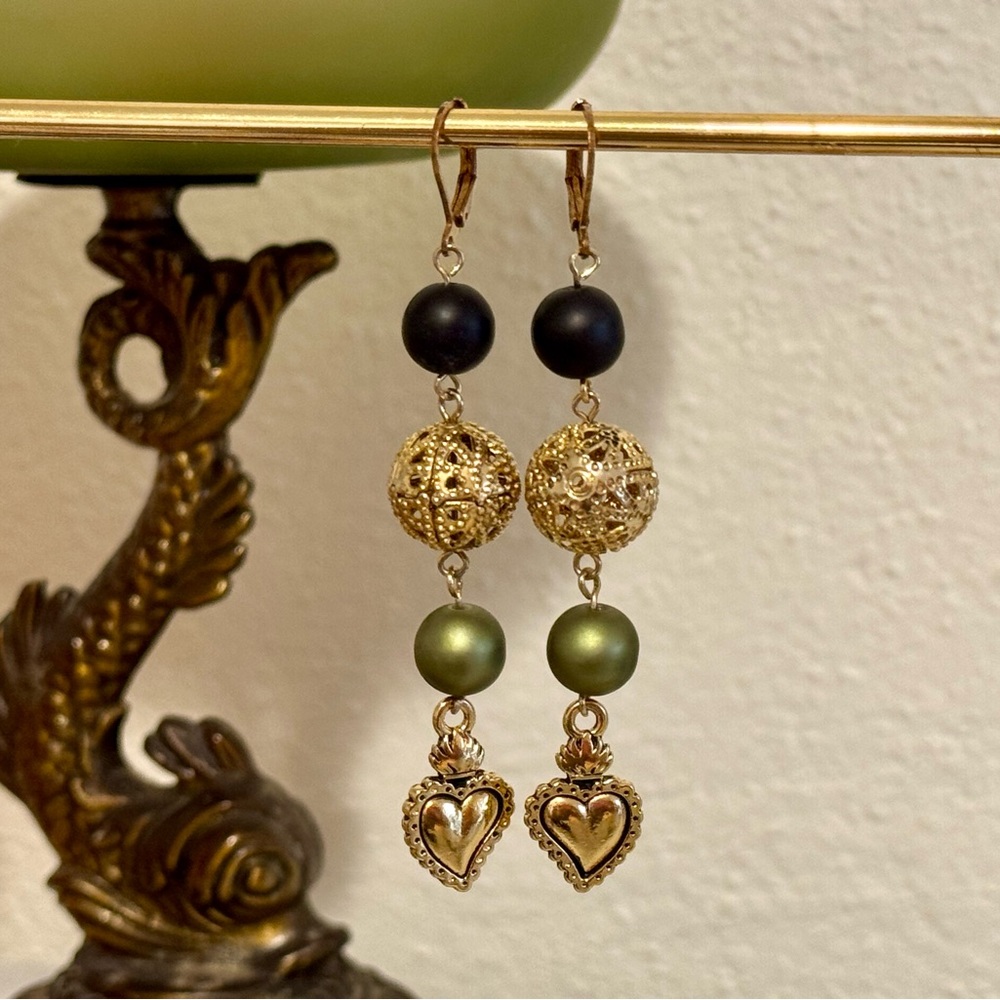 Olive Green, Black, and Sparkling Gold Filigree Spheres Drop Dangle Earrings